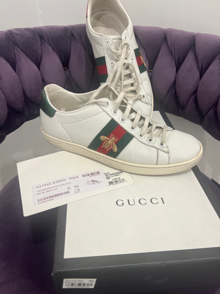 Gucci White Leather Sneakers With Red & Green Web And Gold Bee